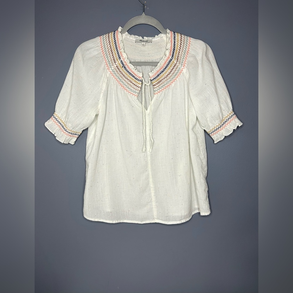 Madewell Blouse Womens S White Smocked Embroidered Puff Sleeve‎ Boho Cottagecore